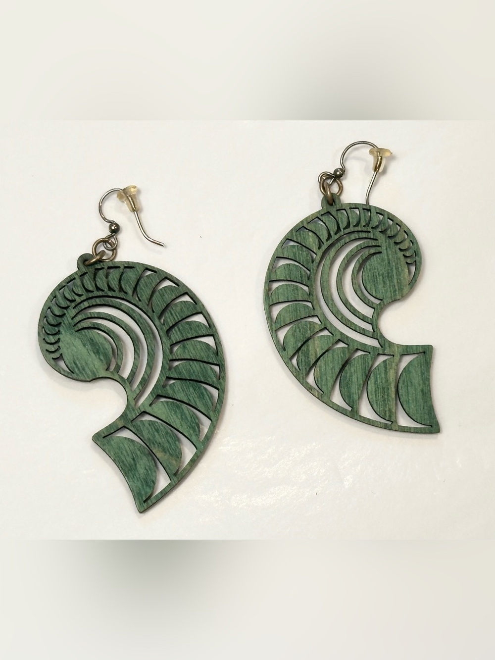 Green Laser Cut Wood Statement Earrings Boho Botanical